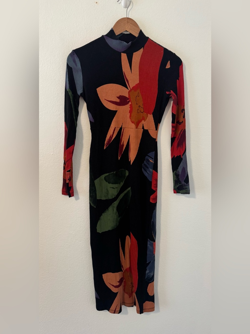 Desigual Grandflower Black Floral Ribbed Knit Mock Neck Midi Dress Fitted Med